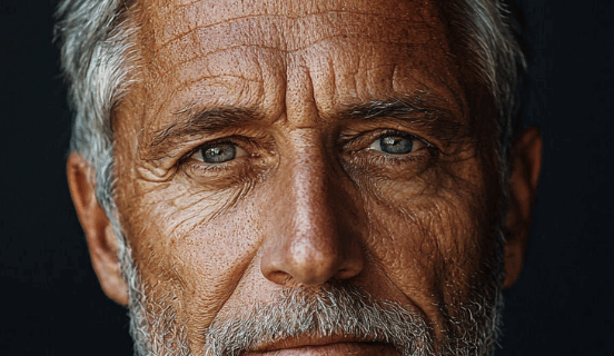 Retrato de un hombre mayor de mirada seria, con barba canosa y arrugas marcadas, sobre un fondo oscuro.