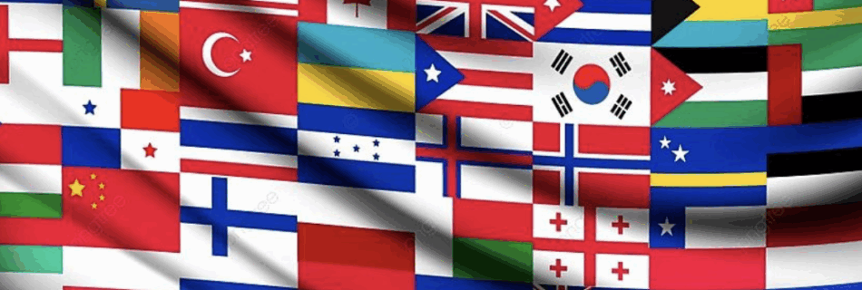 Collage de múltiples banderas internacionales ondeando, representando países de todo el mundo.